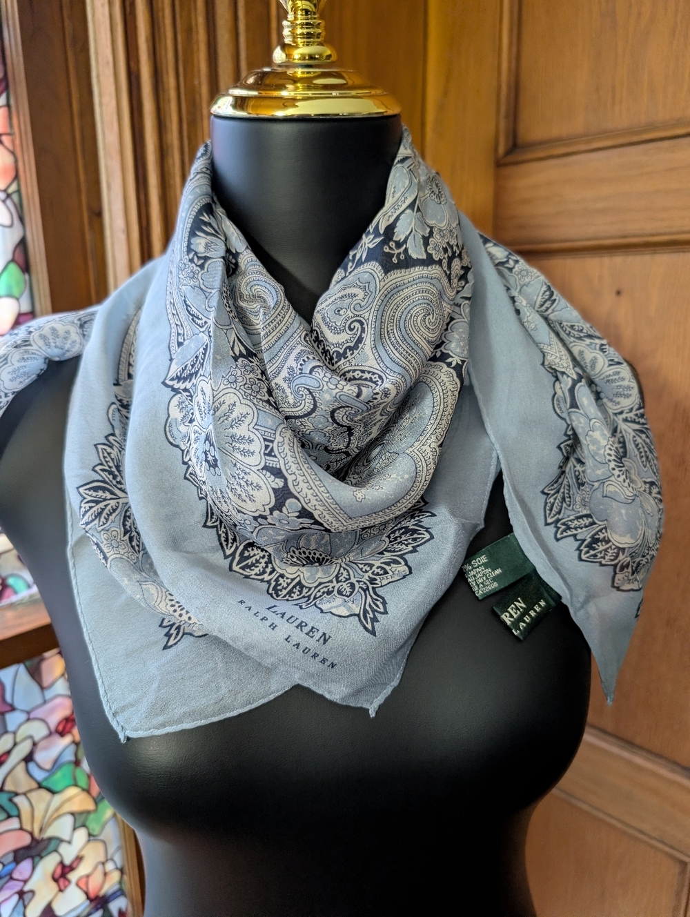 Ralph Lauren Paisley Square Scarf in Dusty Blue 100% Silk